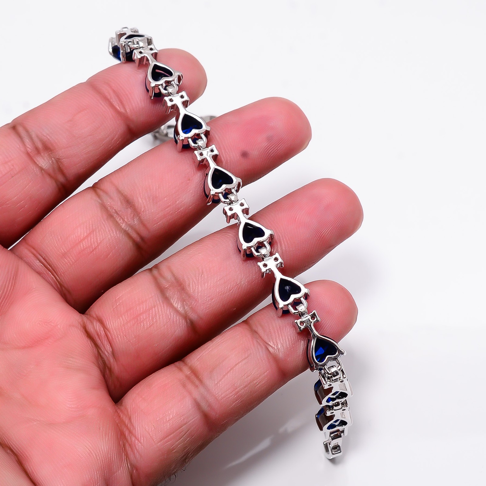 Blue Sapphire -Simulated, CZ 925 Sterling Silver Adjustable Bracelet 7-8″ B2755
