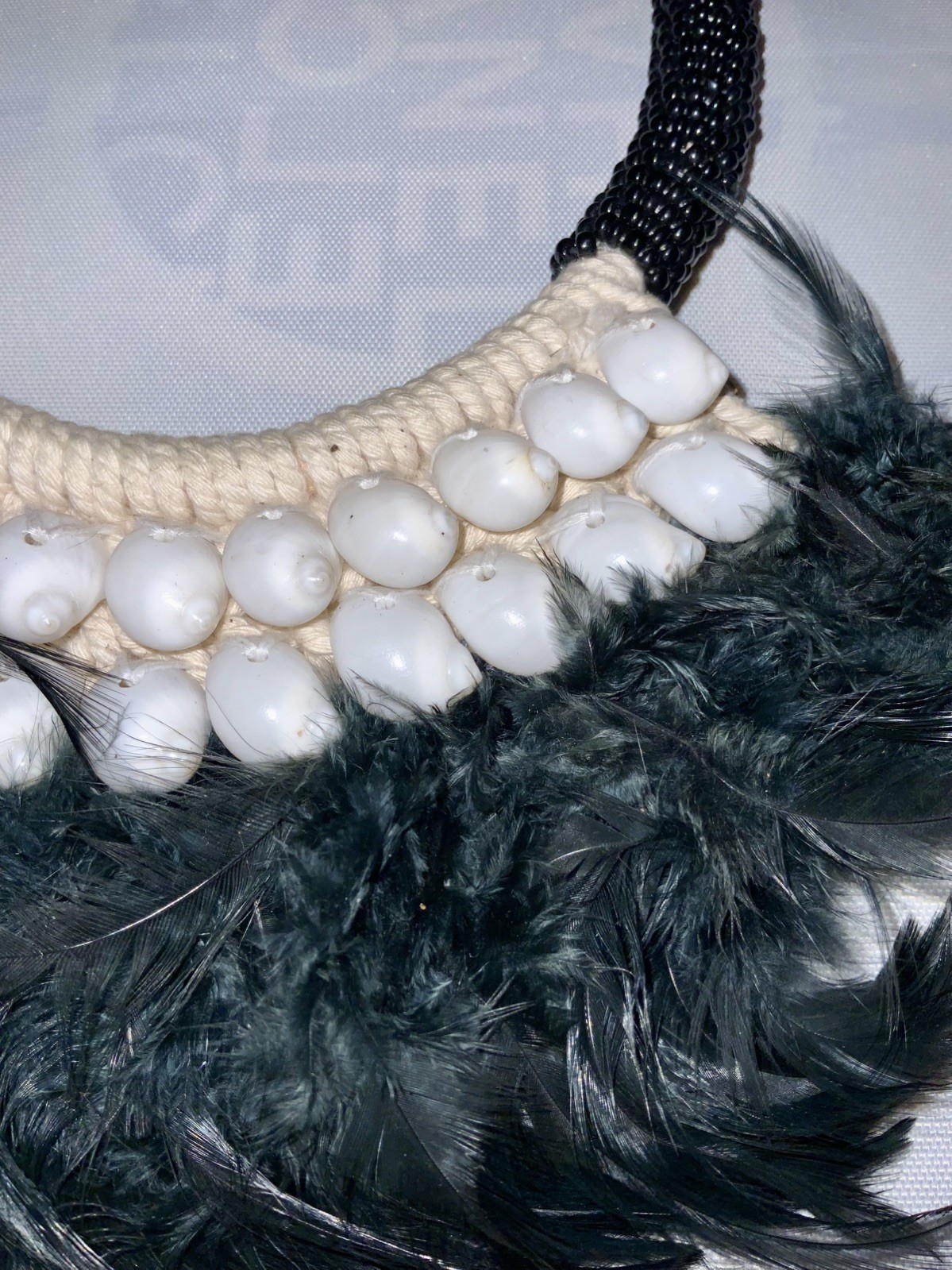 Papua New Guinea Feathered Cowrie Shell Necklace Tribal Band hand weaved Fabric