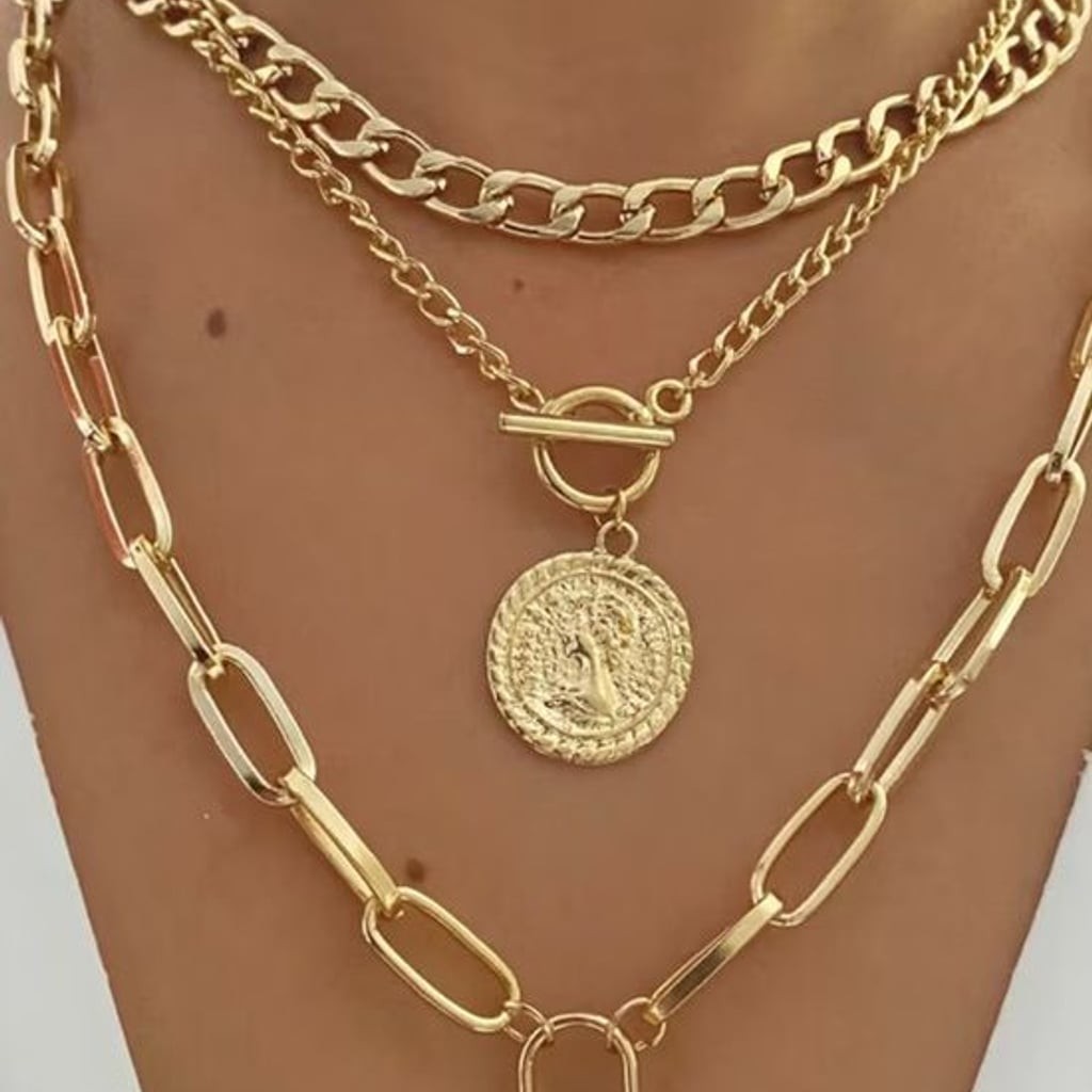 2 x Layered Coin & Lock Pendant Necklace Set Gold
