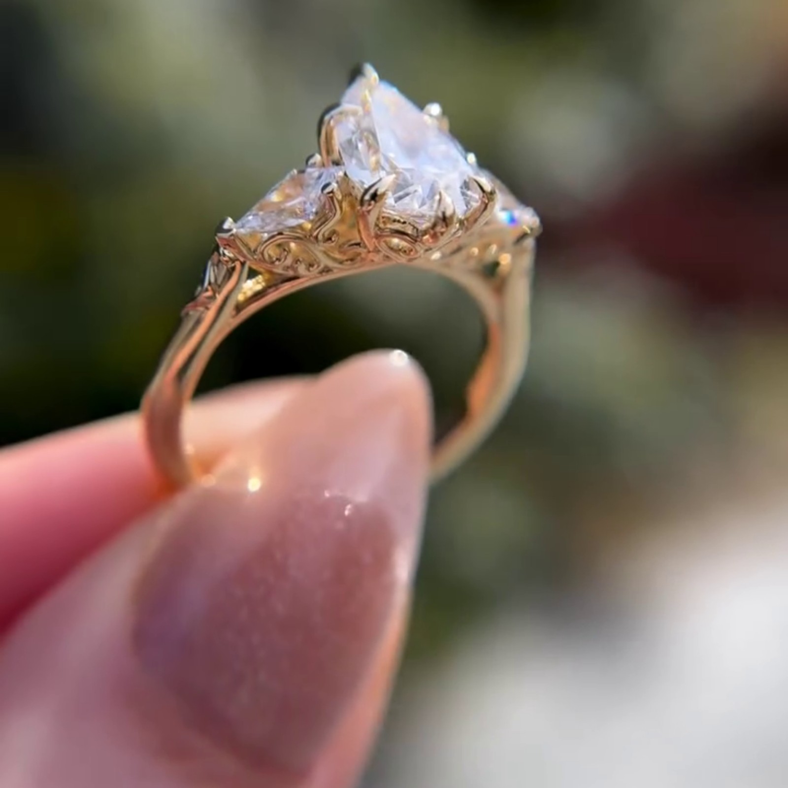 Floral 3 CT Pear Three Stone Moissanite Side Stone Kite 14K Yellow Gold Plated