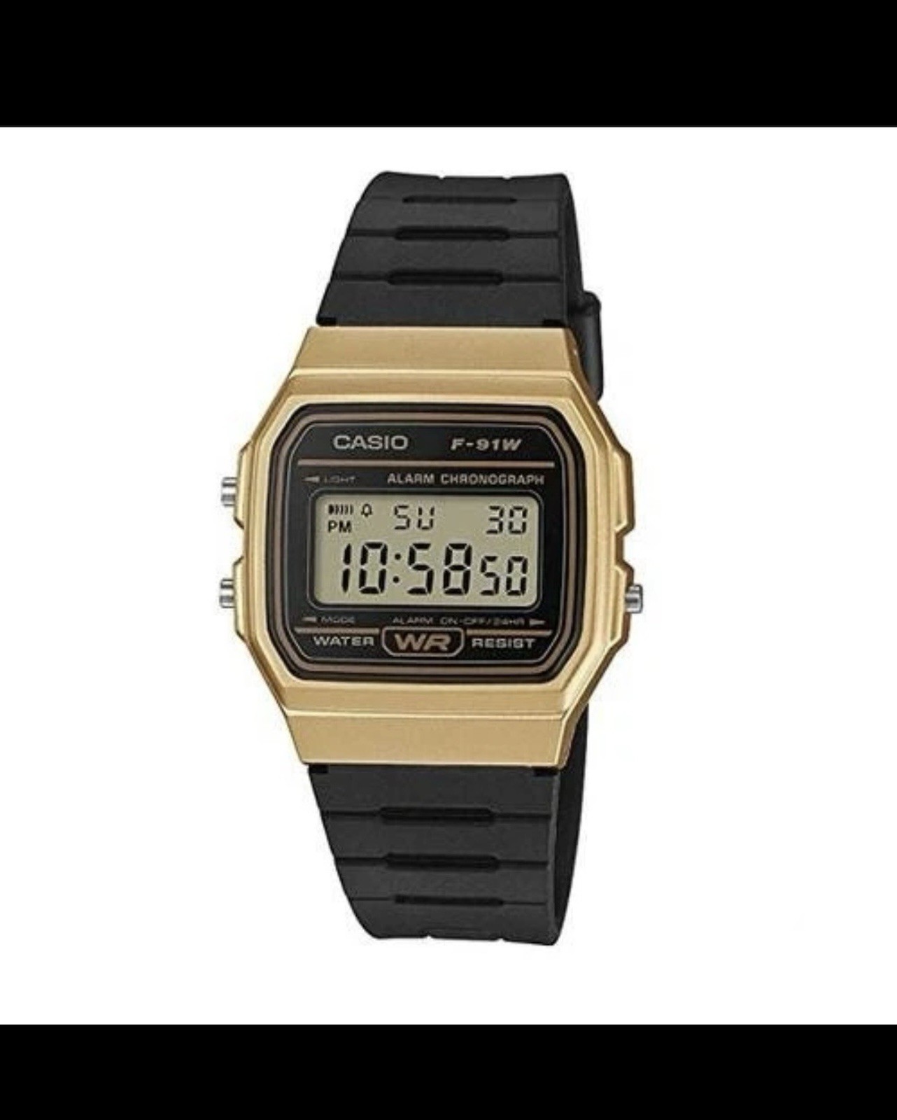 Casio F-91W Quartz Digital Water Resistant Gold Case Black Resin Strap 33mm