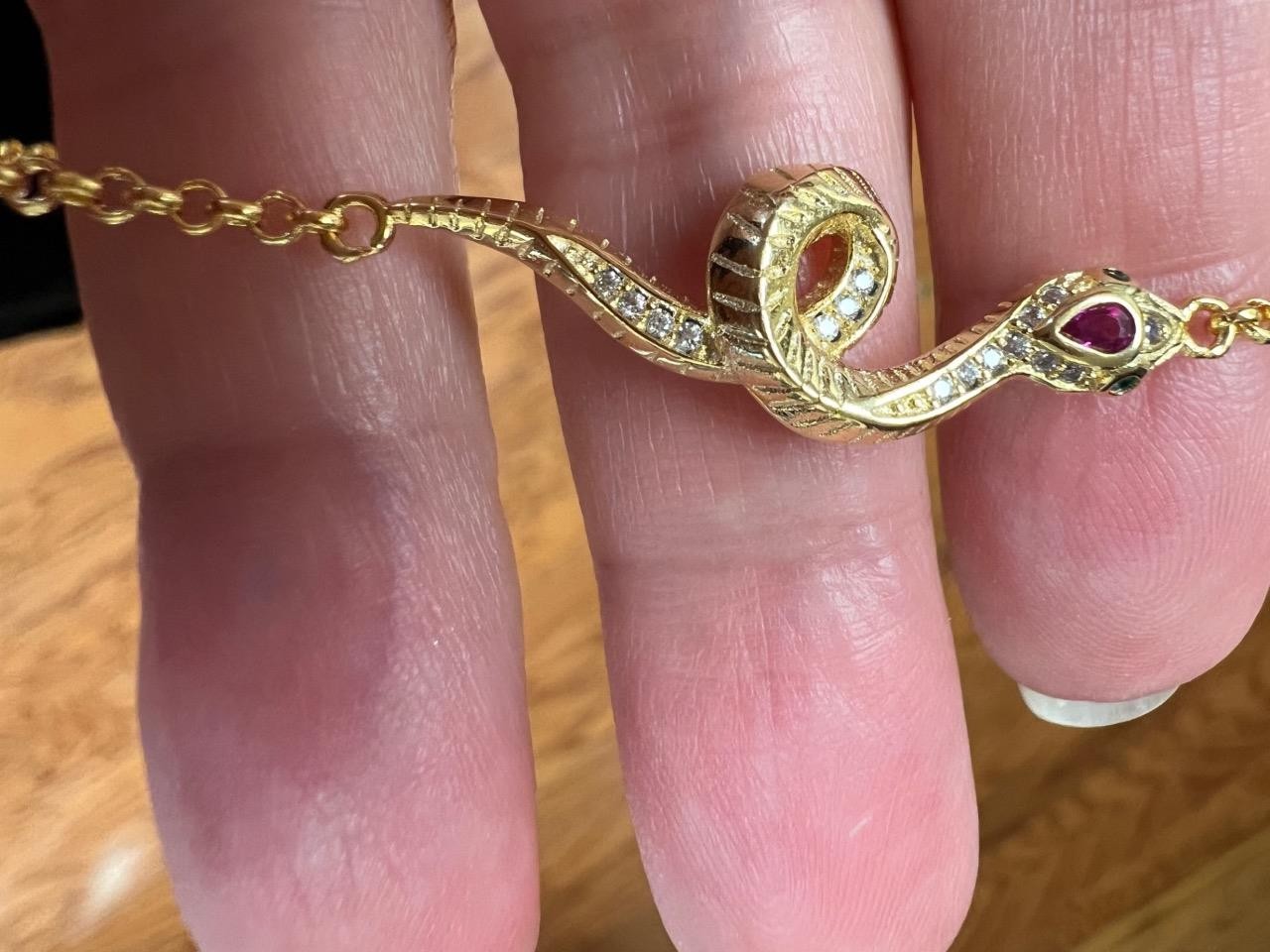 REAL 14K Y Gold on Solid 925 ruby diamond Snake Bracelet Victorian Egyptian Rev.