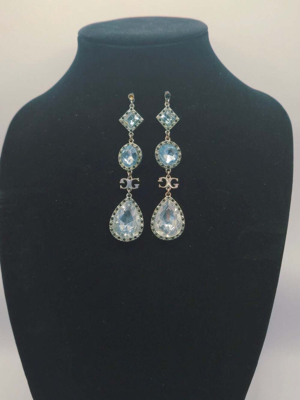 Guess Silver Tone Triple Drop Crystal Logo Earrings