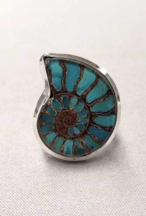 Sterling Silver 15.0g Ammonite with Turquoise Inlay Adjustable Ring sz 8.25