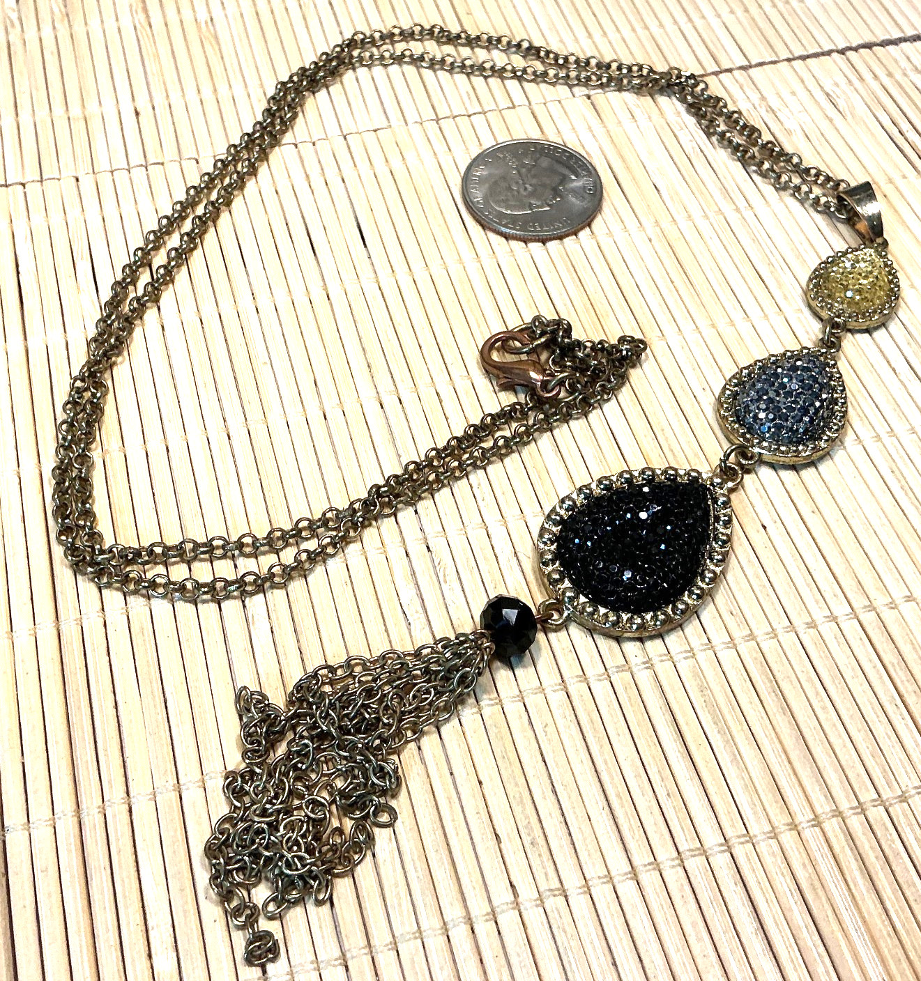 Fashion Necklace Faux Druzy Yellow Black Gray Fringed Pendant Lot 104A