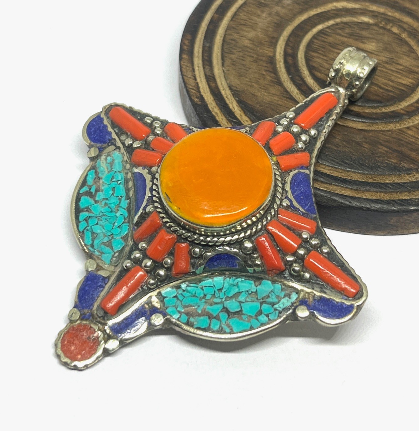 Ethnic Coral Turquoise Amber Gemstone Tibetan Style Pendant Jewelry, 3.0 inch