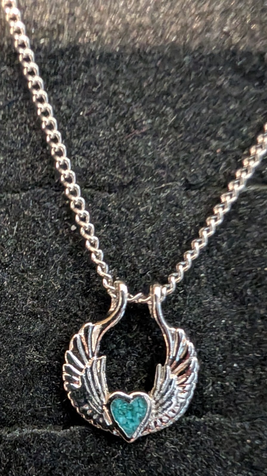 Vintage Nickle Silver Necklace Angel Wings and Heart Resin Filled Turquoise