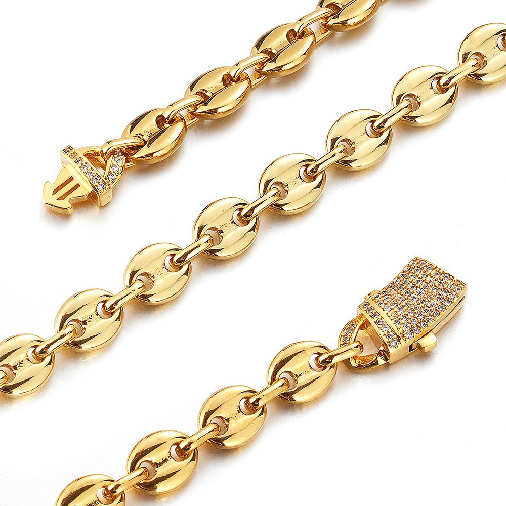 New Men’s Gold Stainless Steel Coffee Beads Chain Necklace Shinny Lock 9mm*60cm