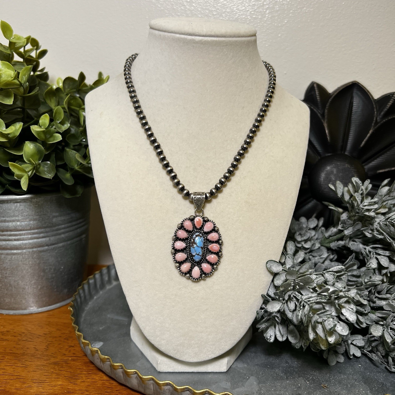 Golden Hills Turquoise Queen Conch Sterling Silver Cluster Pendant 925
