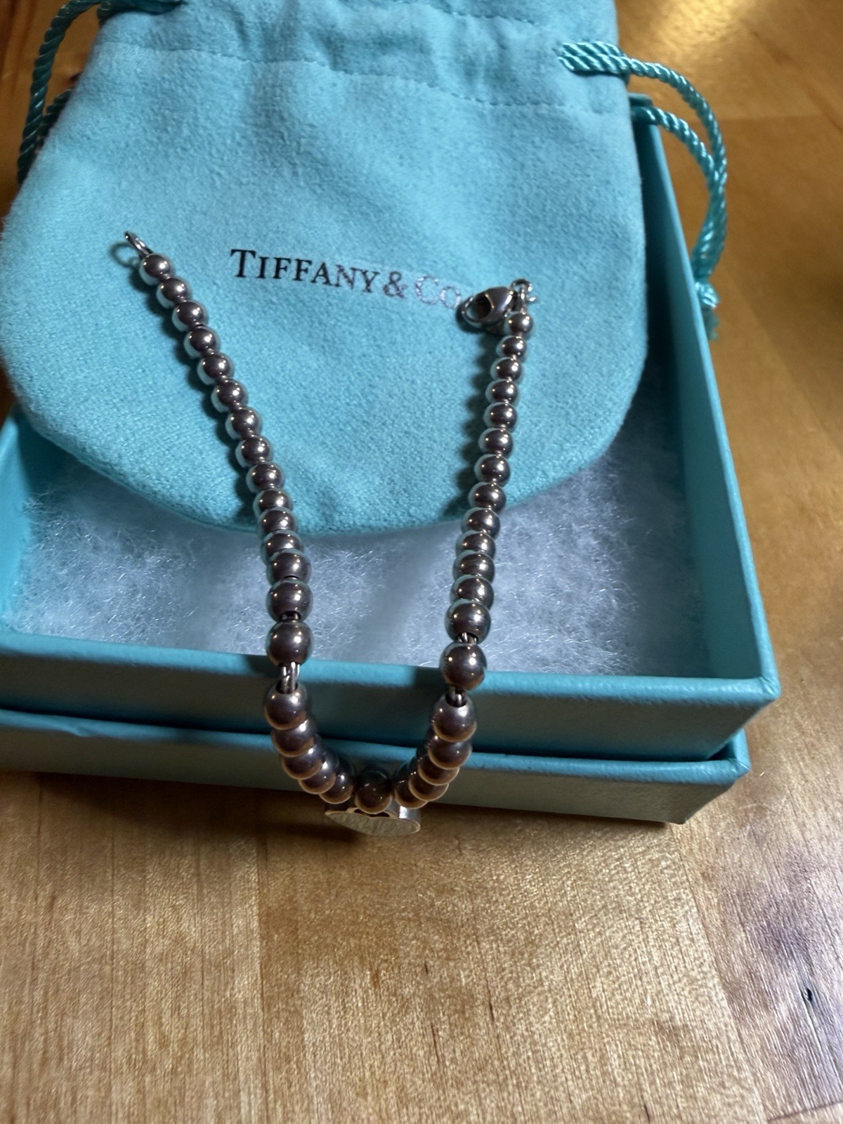 Tiffany & Co. 925 Sterling Silver Ball Bead Necklace Blue Enamel Heart Charm