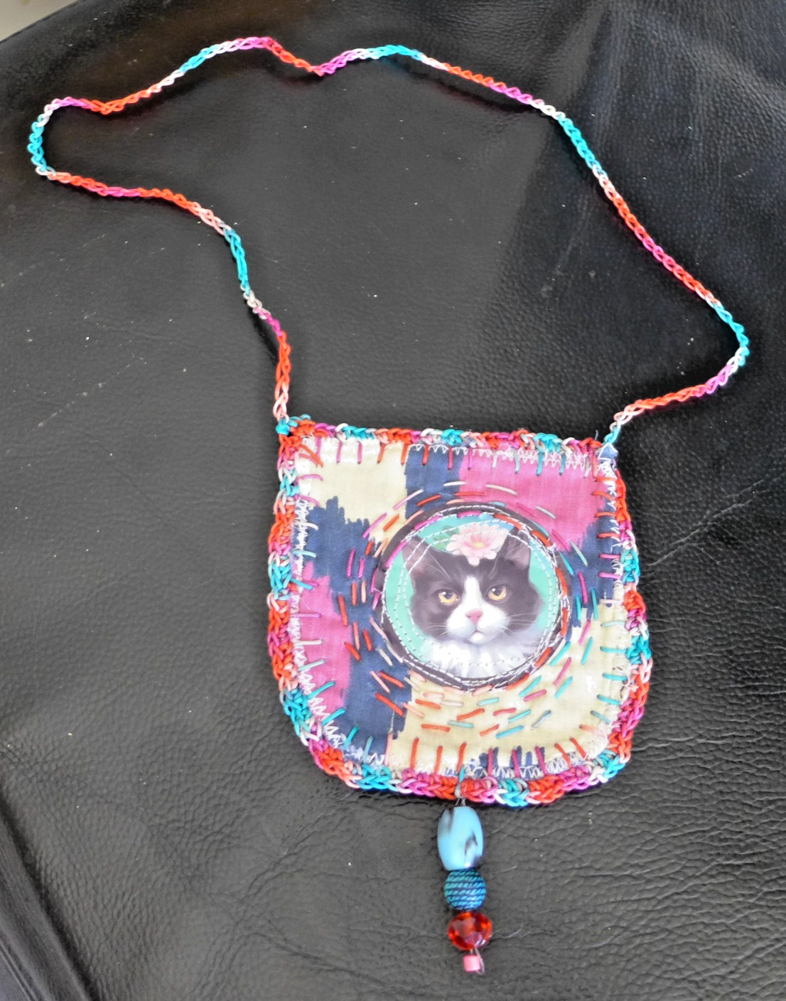 Handmade Crocheted art Necklace Cotton Fabric embroidered crocheted+ Beads