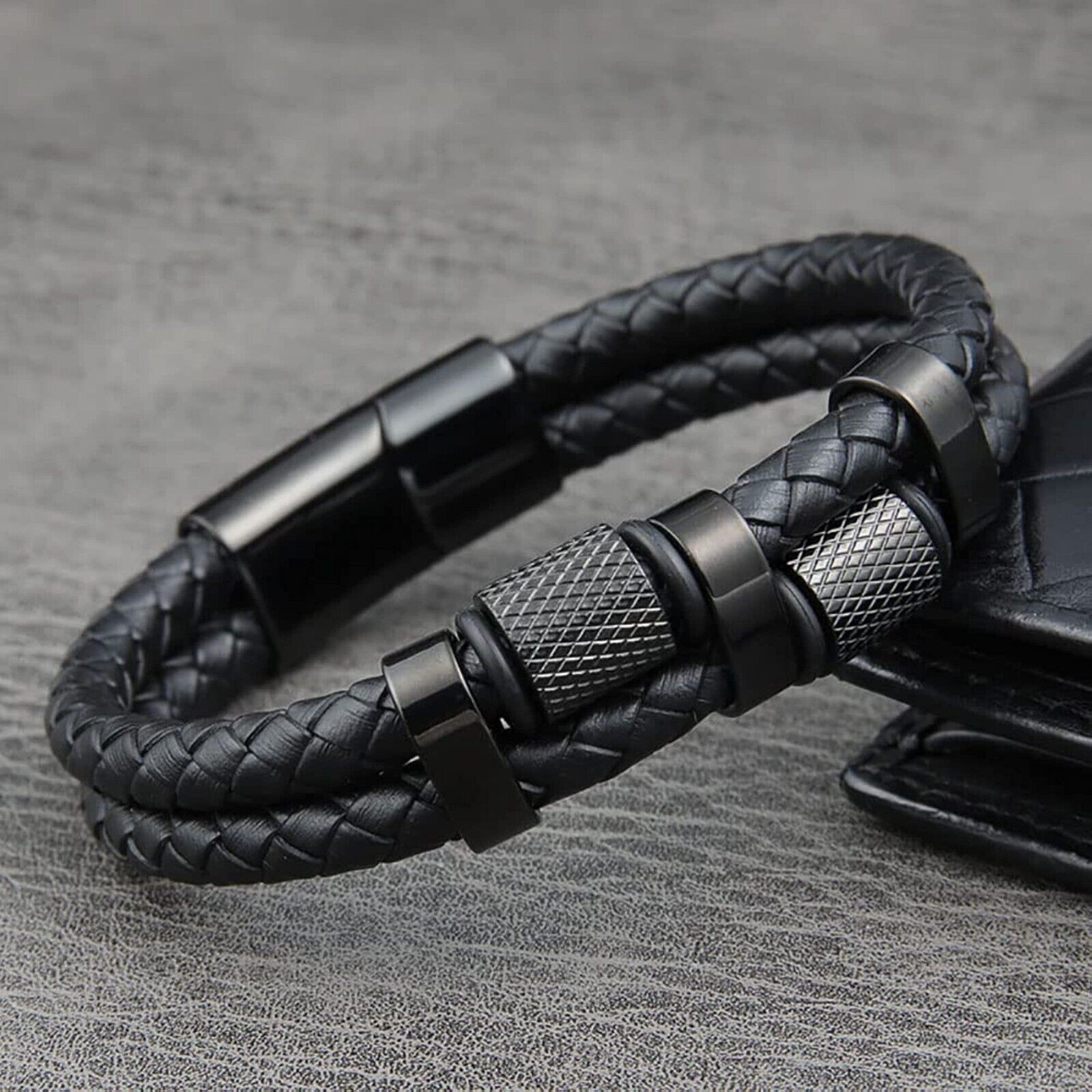 Men’s Stainless Steel Genuine Leather Bracelet Strength Fashion Bangle Wrap USA