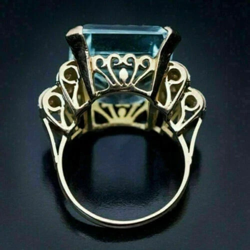 7.20 Ct Emerald Cut Natural Aquamarine & Diamond Wedding Ring 14K Yellow Gold