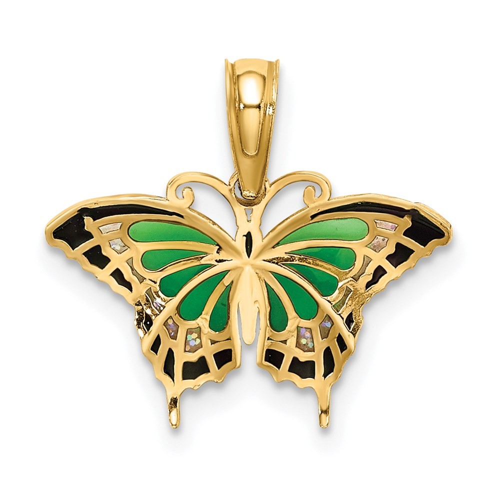 14k Yellow Gold Small Green Enameled Butterfly Charm Pendant 0.69gm L-15.1mm