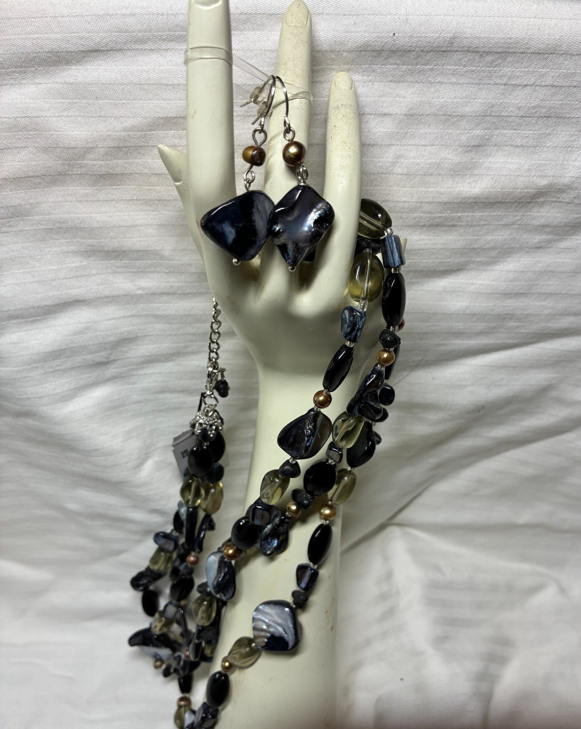 Abalone shell and FWP 3 strand Necklace with matching earrings for peirced ears