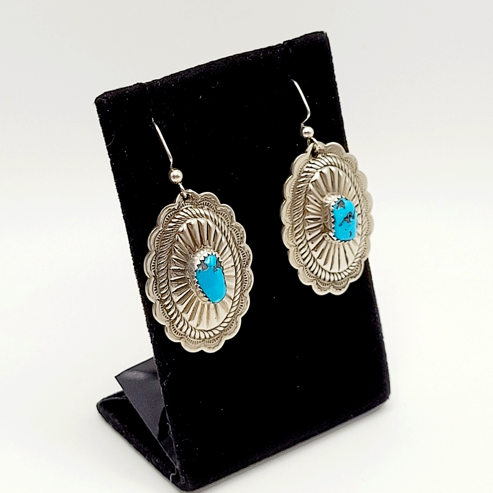 Southwestern Style Silver Tone Turquoise Concho Dangle Pierced Hook Earrings