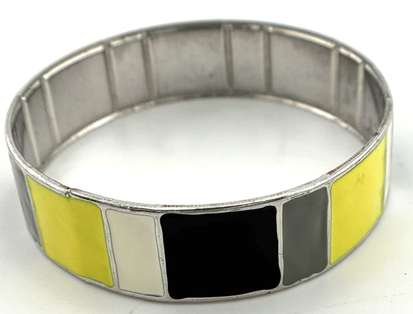 Color Block Enamel Stretch Bangle Bracelet Yellow Gray Black White 8.5 Inch