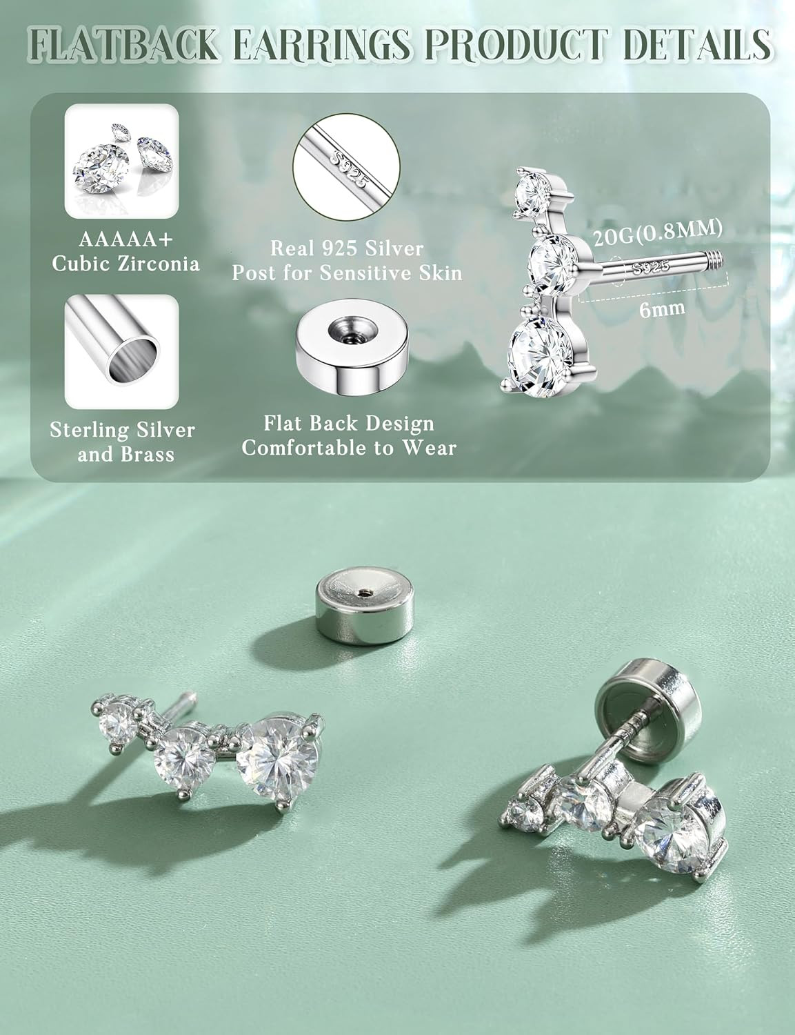 925 Sterling Silver Post Cartilage Earrings Hypoallergenic Flat Back Stud Earrin