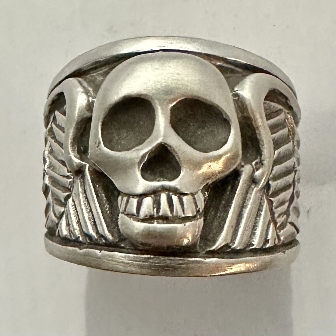 MJG STERLING SILVER WINGED SKULL RING @ 37 GR. Size 11 1/2. BIKER. GUITAR PLAYER