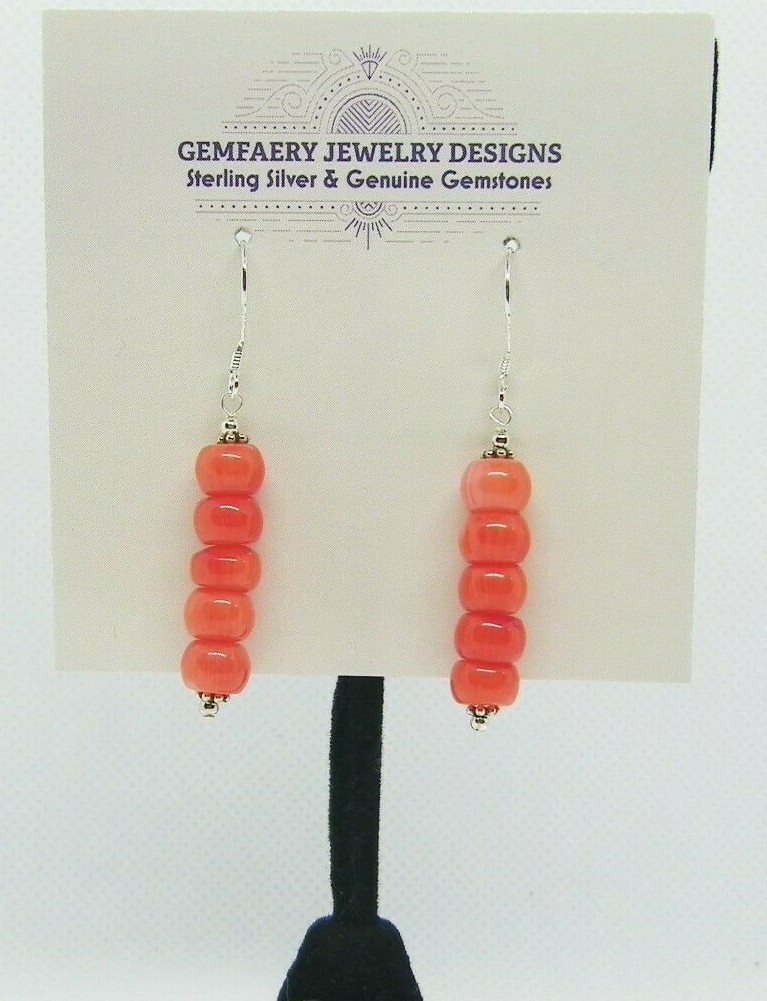 Sterling Silver Natural ORANGE CORAL Heishi Dangle Earrings #5255…Handmade USA