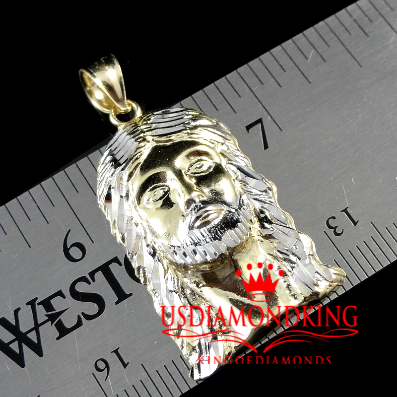 1OK TWO TONE GOLD DIAMOND CUT HOLY JESUS FACE CHARM PENDANT 1.5 INCH 3.7 GRAMS