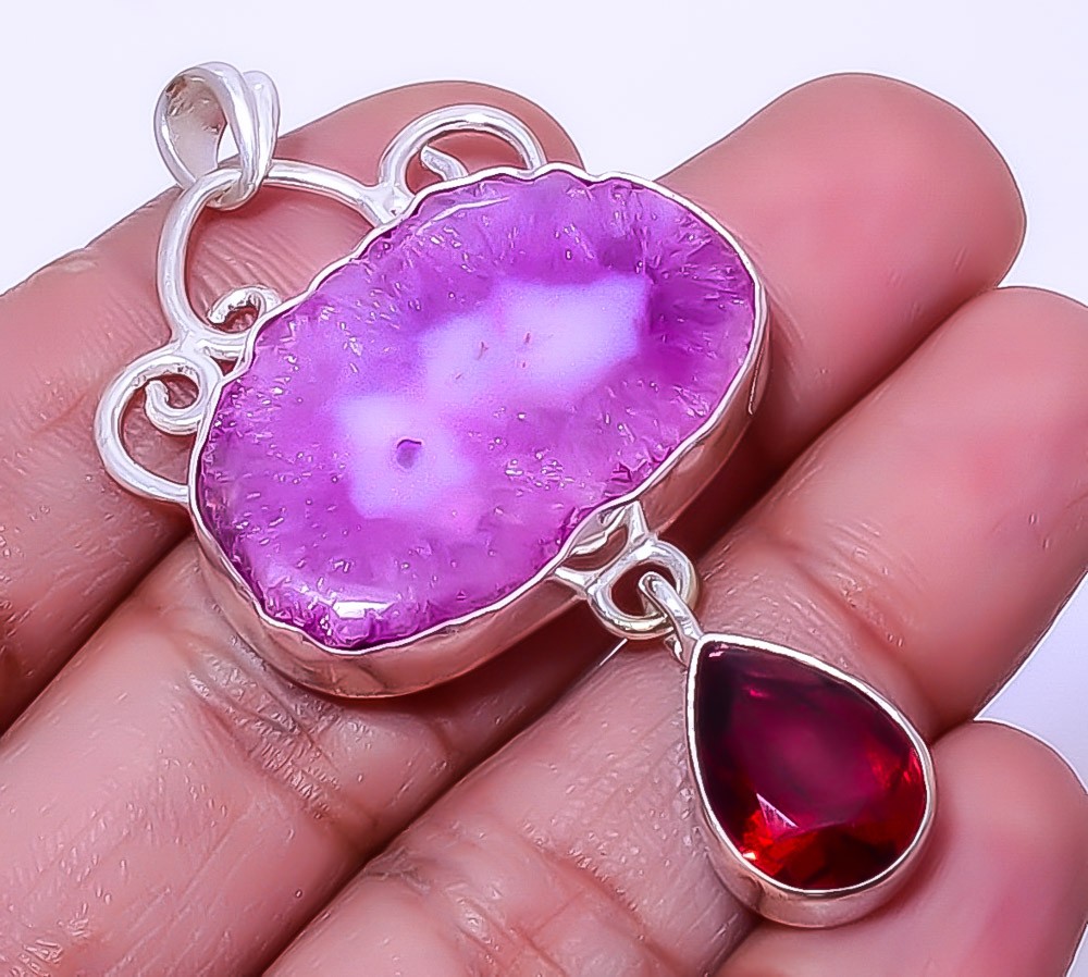 Purple Solar Quartz Eye & Tourmaline 925 Sterling Silver Pendant 2.15″ A330