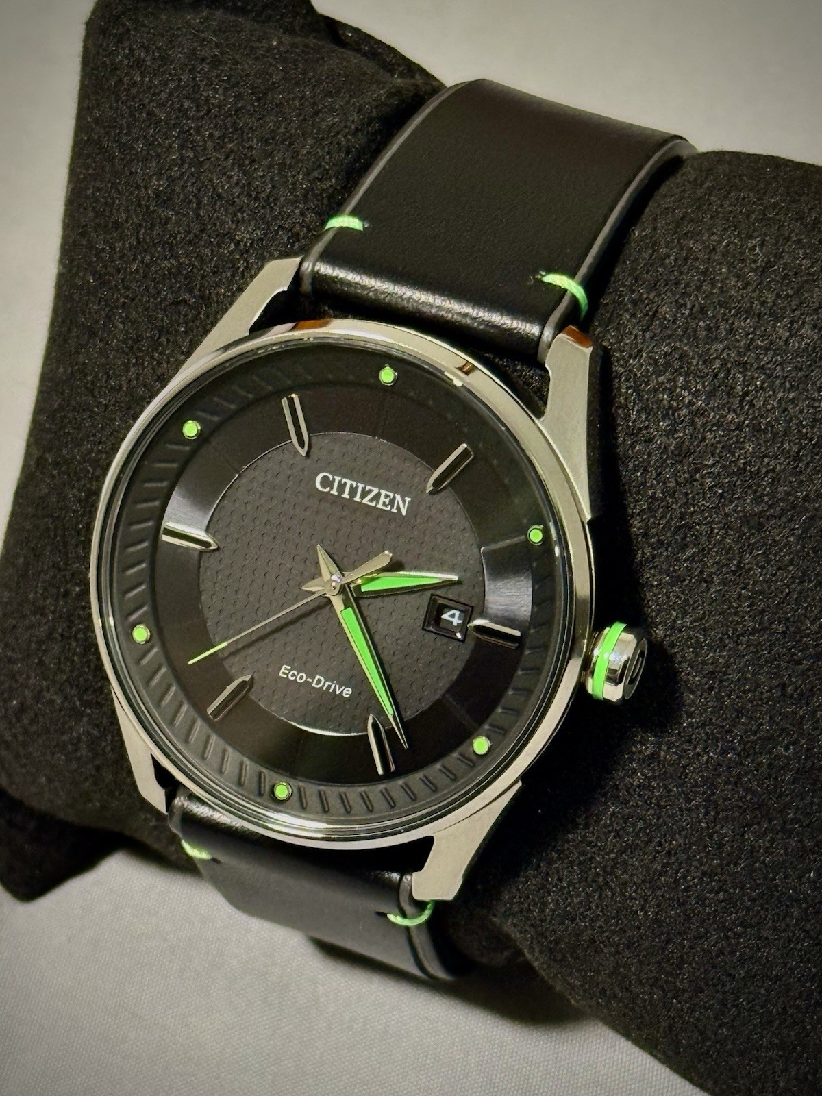 Citizen Eco-Drive Black Dial Green Accent Leather Strap Men’s Watch E111