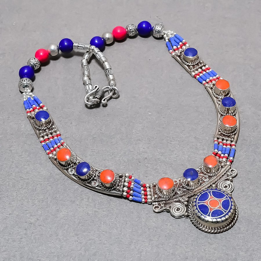Red Coral Lapis Lazuli Handmade Fashion Baho Jewelry Nepali Necklace 18″ SR 6692