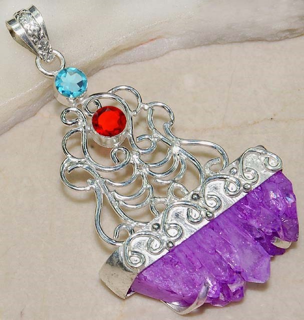 Natural Amethyst Stalactite & Garnet 925 Sterling Silver Pendant Jewelry @B13-6
