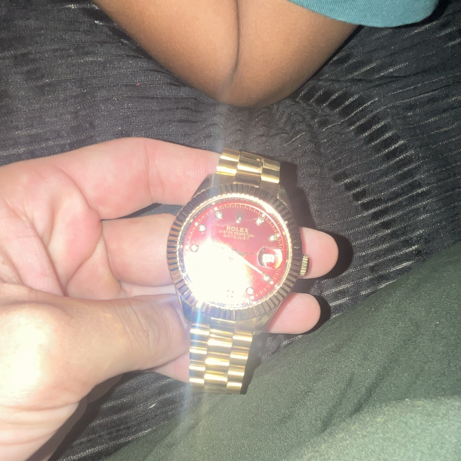 Rolex Datejust Red Dial Diamond Markers Fluted Gold Bezel Date Automatic