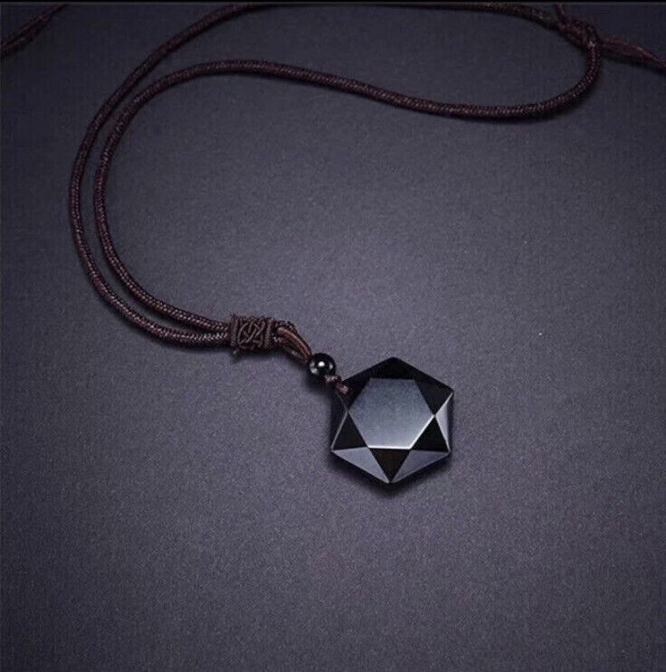 Black Obsidian Hexagram Pendant Men Women Necklace Amulet Energy Protection