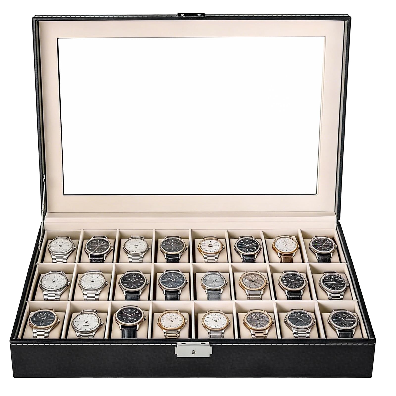 NYXOVA 24 Slots Watch Box, PU Leather Display Case, Lockable Black