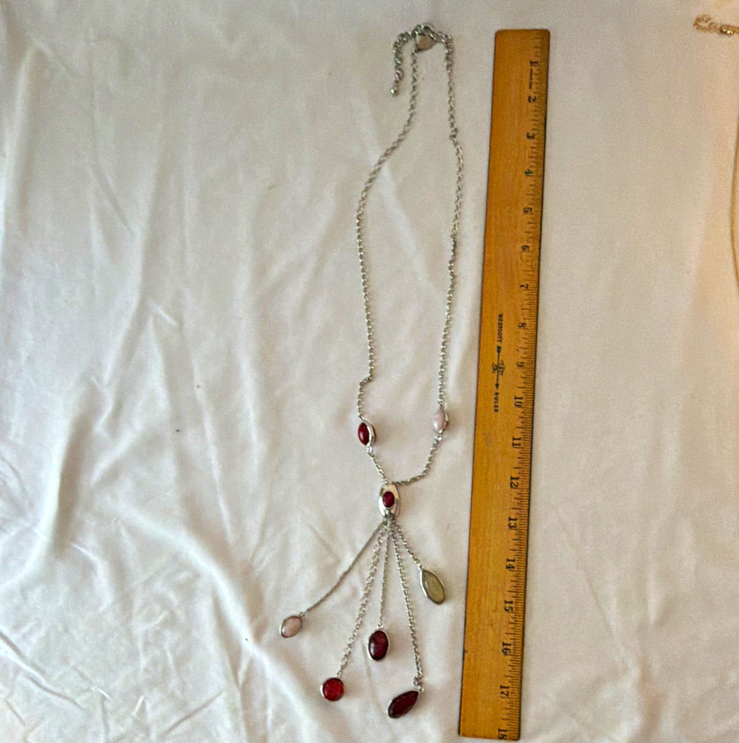 Stella & Dot Silver Tone Cable Chain Y-Drop Necklace Red Oval Cabochon Signed