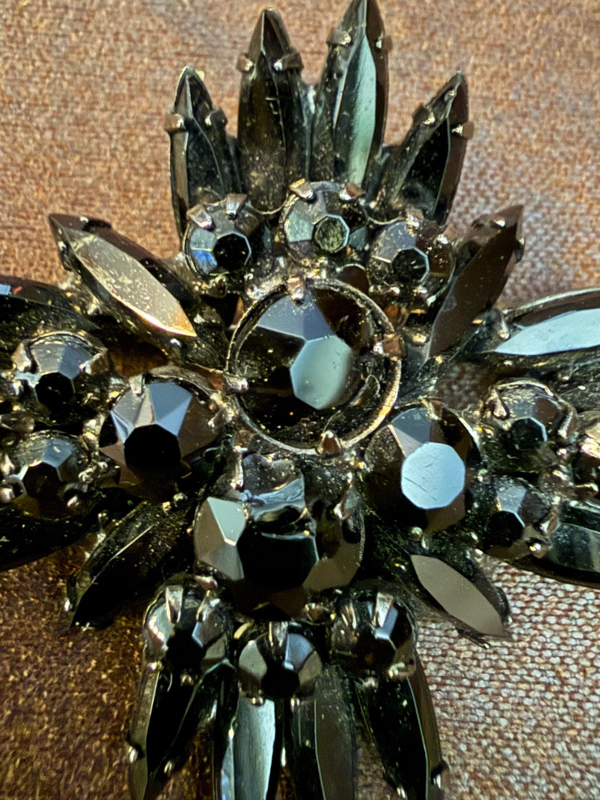 Vintage Black Rhinestone Starburst Brooch/Mid-20th Century/European