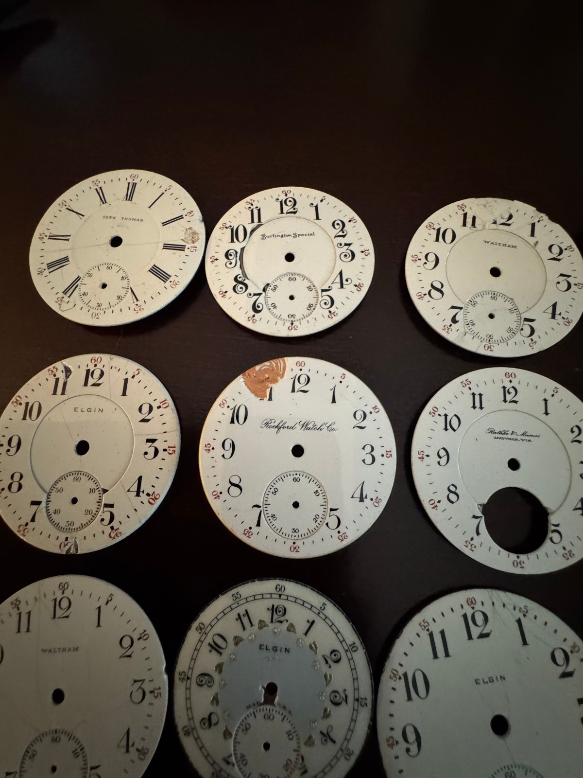 20 PACK VINTAGE VARIES AMERICAN POCKET WATCH DIALS MOSTLY 16 -18 SIZES