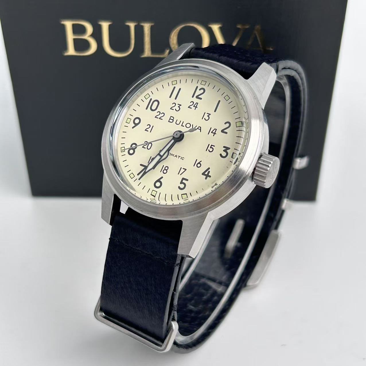 New Bulova Hack 96A246 Men’s Automatic Watch Ivory Dial Black Leather Strap 38mm