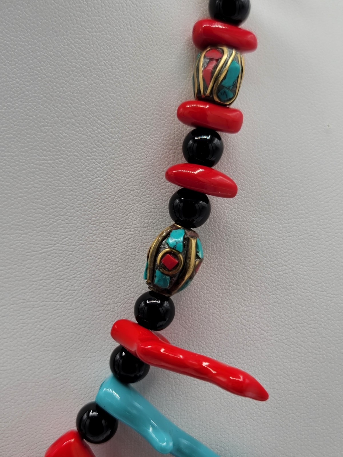 Red Turquoise Black Gold Beaded Necklace Fish Charm Pendant Lobster Clasp