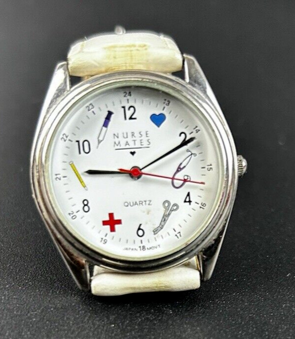 Nurse Mates White Round Face Leather Like Banded Wrist Watch w/Nurse Pictures