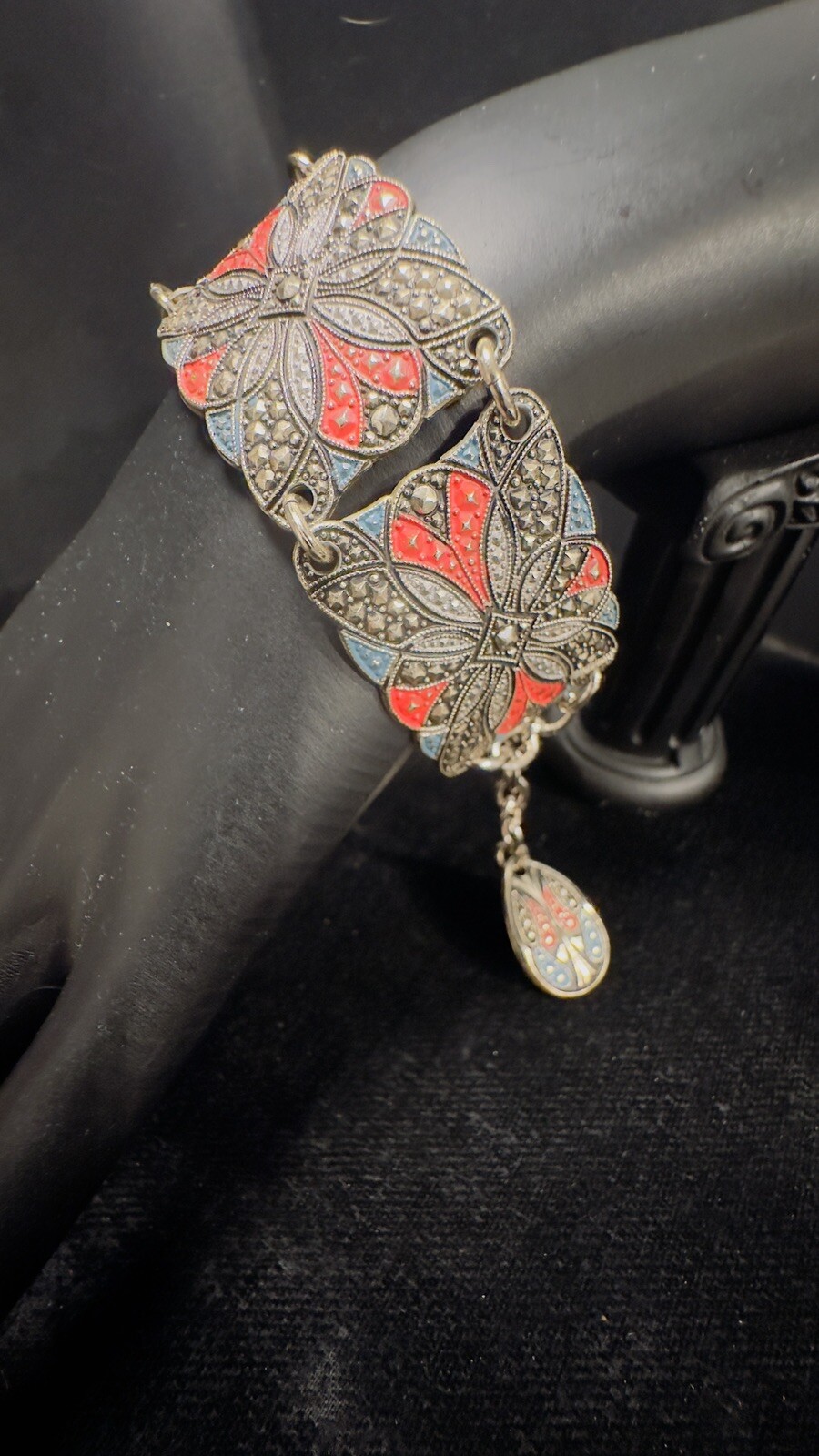 Vintage Art Deco Aluminum Enamel Panel Bracelet West Germany Size 7-9.5” Adj.