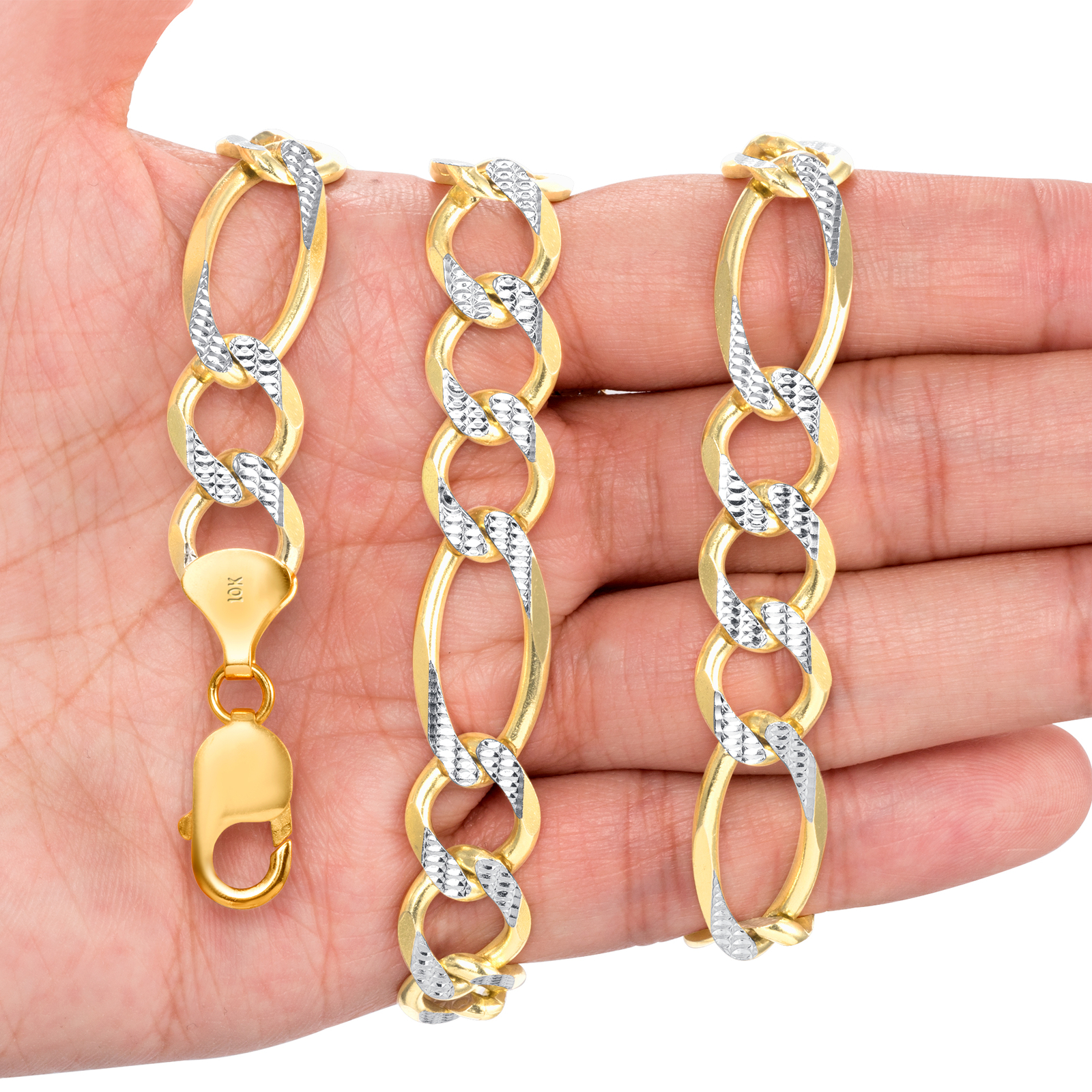 10K Solid Gold 2mm-12mm Diamond Cut Pave Figaro Chain Necklace Bracelet 7″- 30″