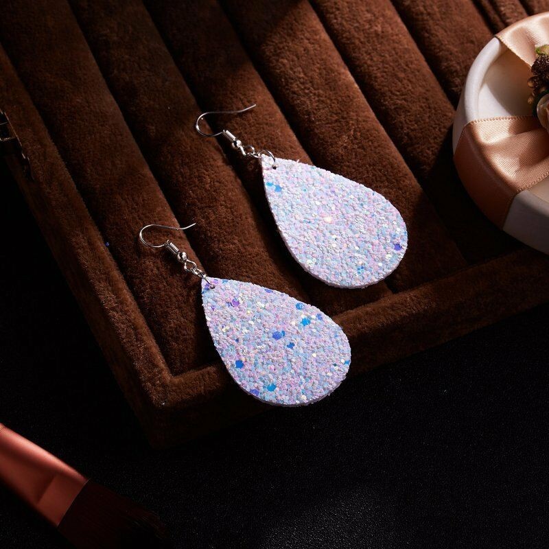 Fashion Jewelry White Glitter Faux Leather Fabric Teardrop Hook Dangle Earrings