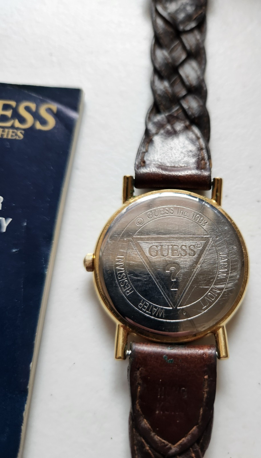Guess Mens Watch 35mm Gold Tone World Map Dial Braided Leather Band Need Battery