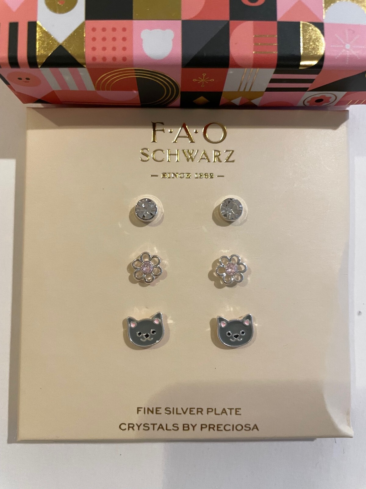 NWT FAO SCHWARZ EARRING SET Gift Beautiful 3 PAIR FINE SILVER PLATE cat /flower