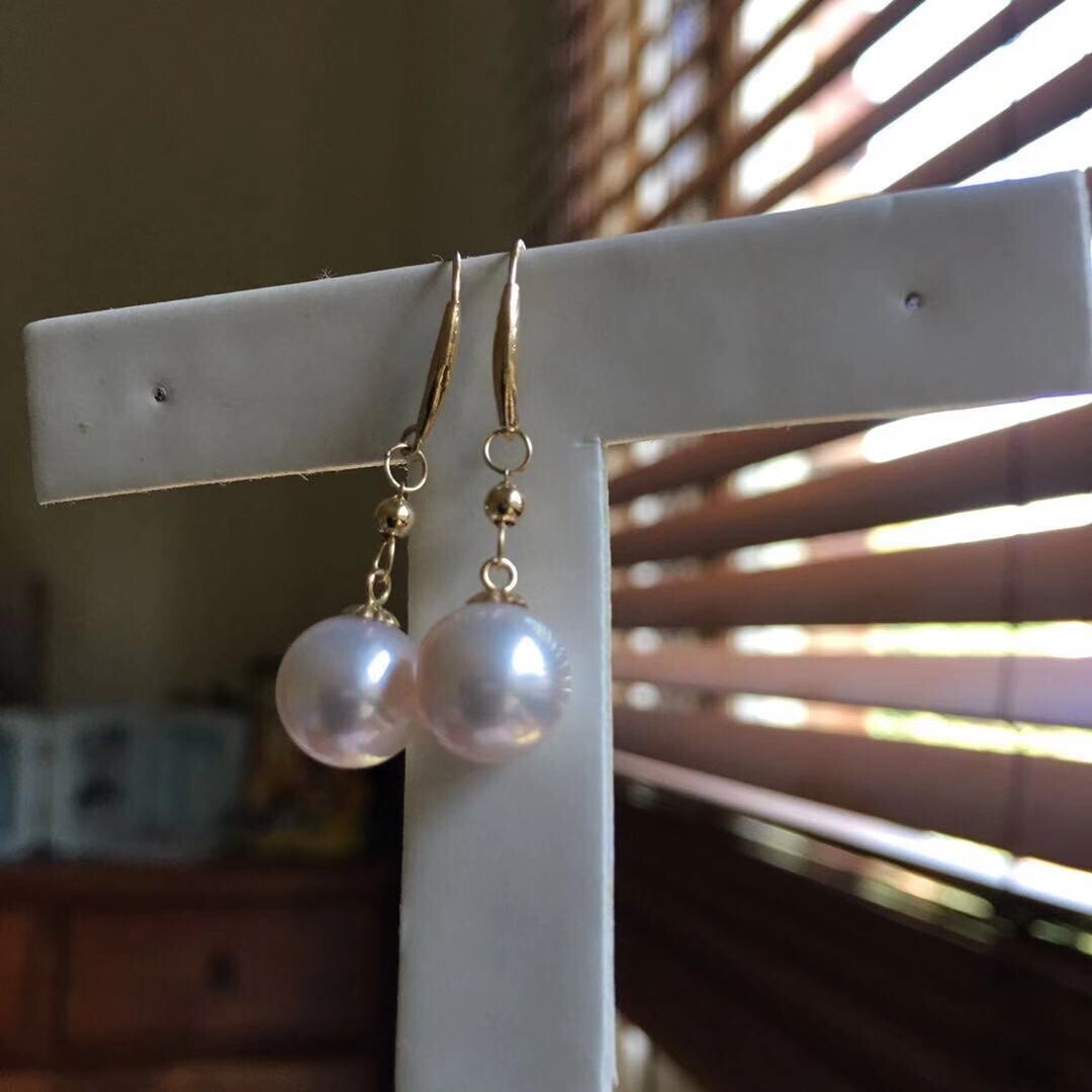 KG62 8.5mm Lovely Japanese Seawater Akoya Fairy Pearl Earring 18K Gold 31mm