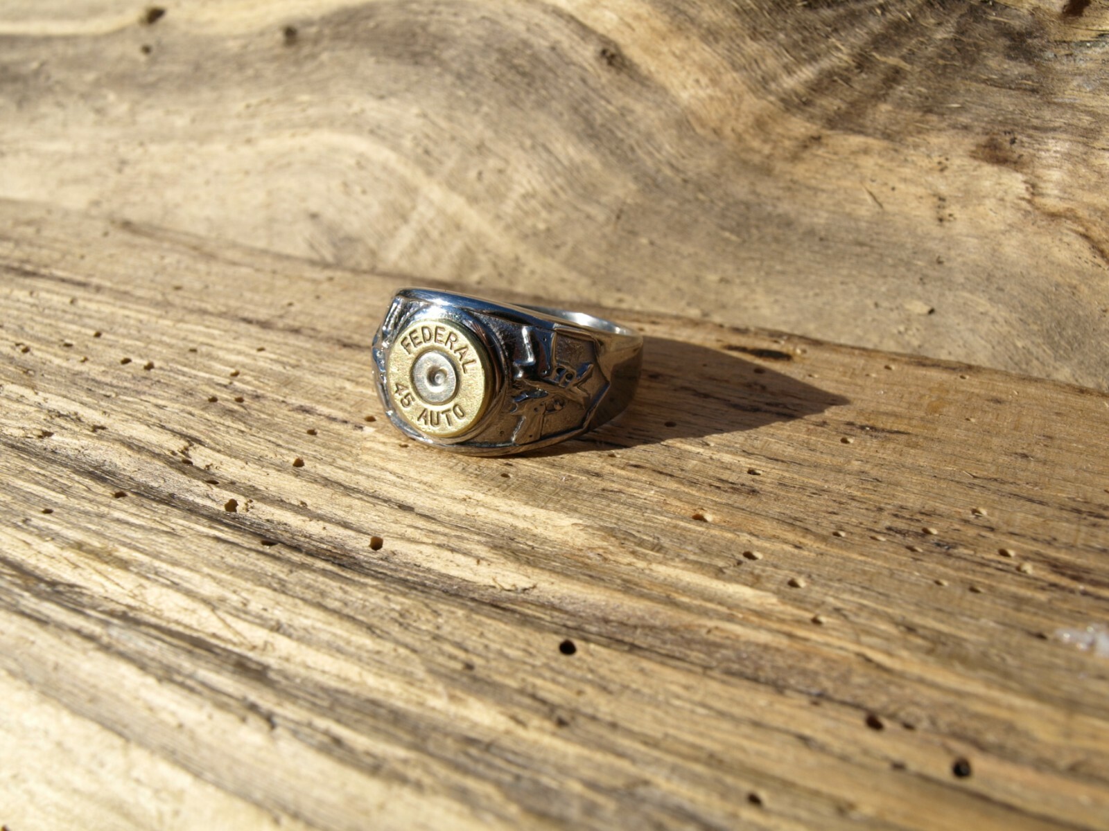 Stainless Steel Brass 45 Bullet Ring with Cross Guns. Optional Glass Crystal.