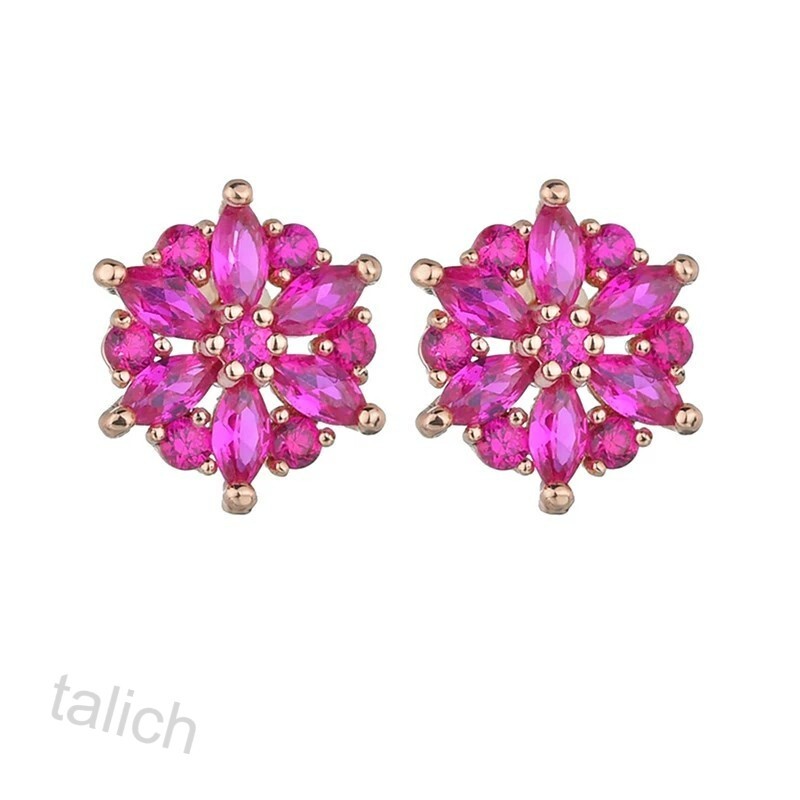 Shiny Rose Gold Plated Sparkling Hot Pink Fuchsia CZ Small Flower Stud Earrings
