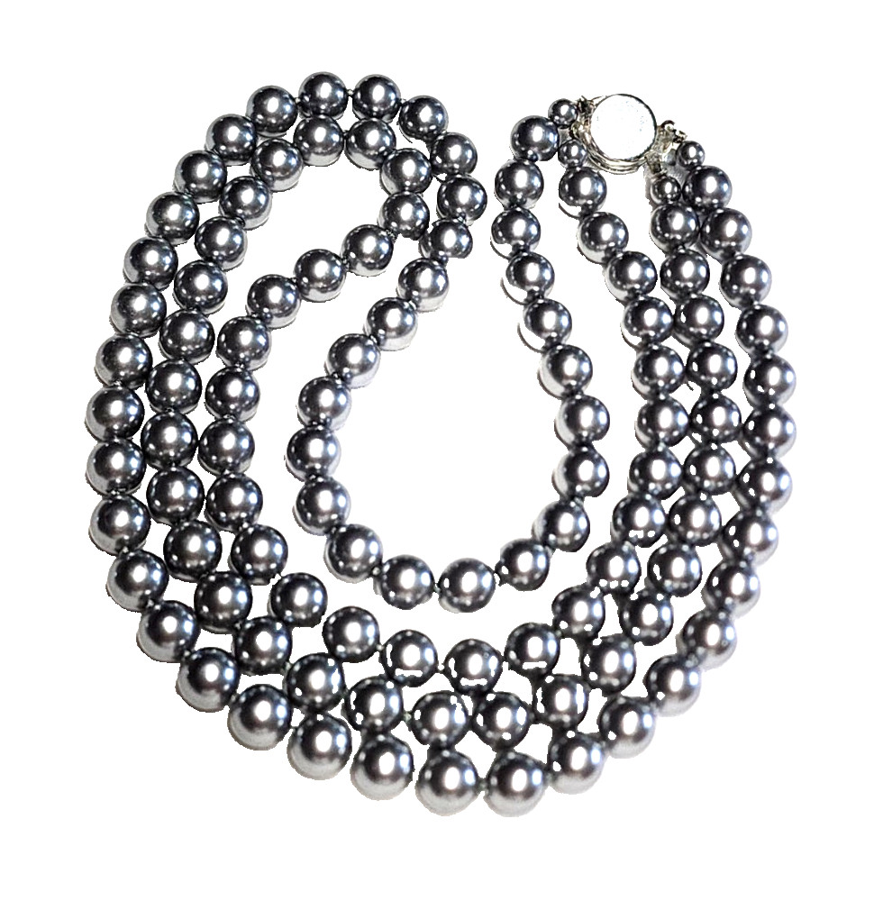Vintage Silver Gray Long Faux Glass Pearl Necklace Pretty Push Lock Clasp 22”