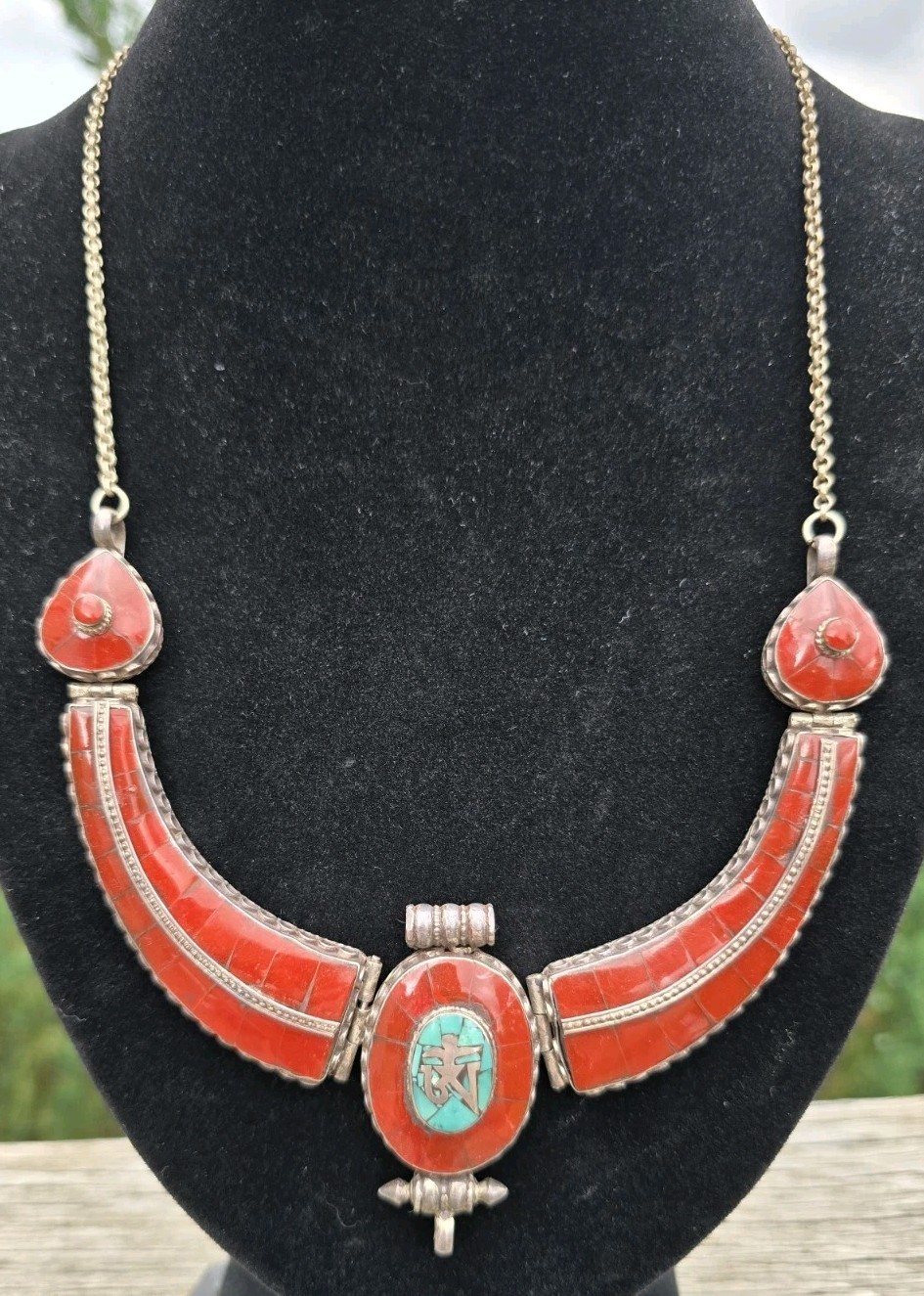 AUTHENTIC TIBETAN SILVER GARUDA COLLAR NECKLACE TURQUOISE CORAL BIB 107G 21.8 IN