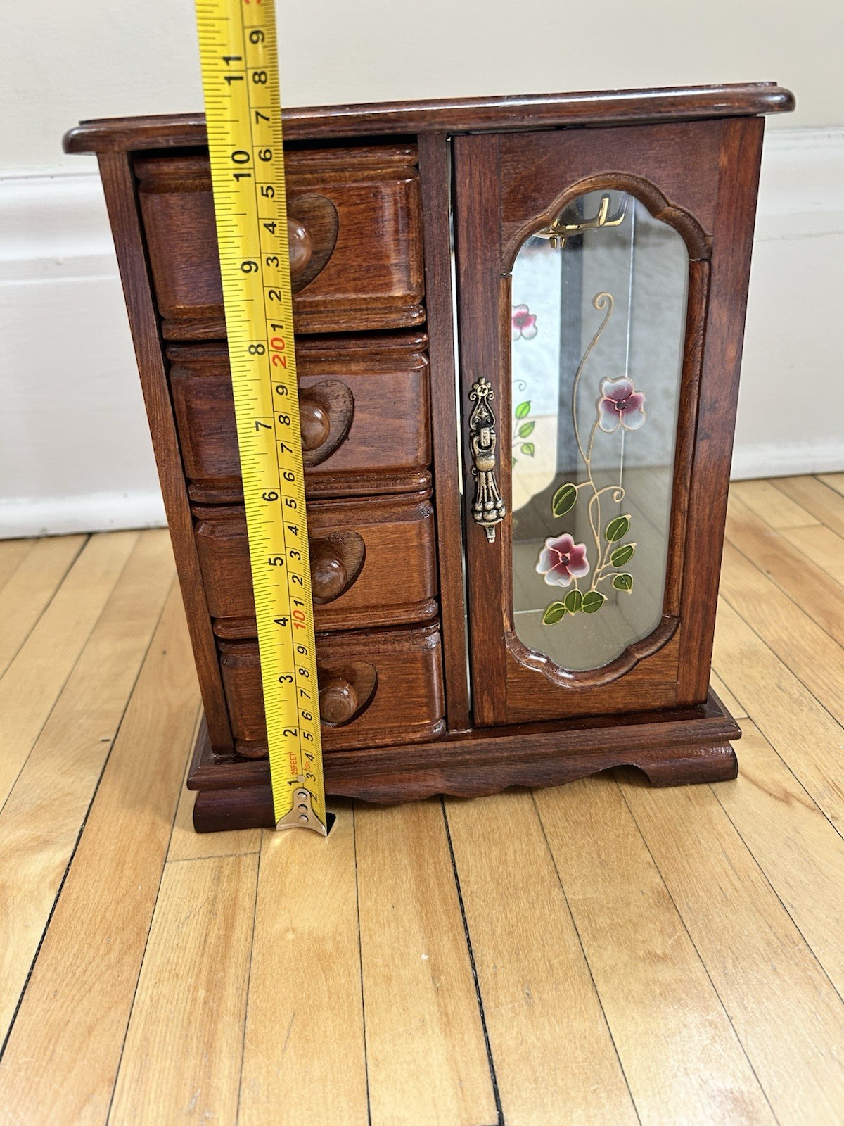 Vtg Wooden Jewelry Box Stained Floral Glass Door Mirrored With 5 Drawers