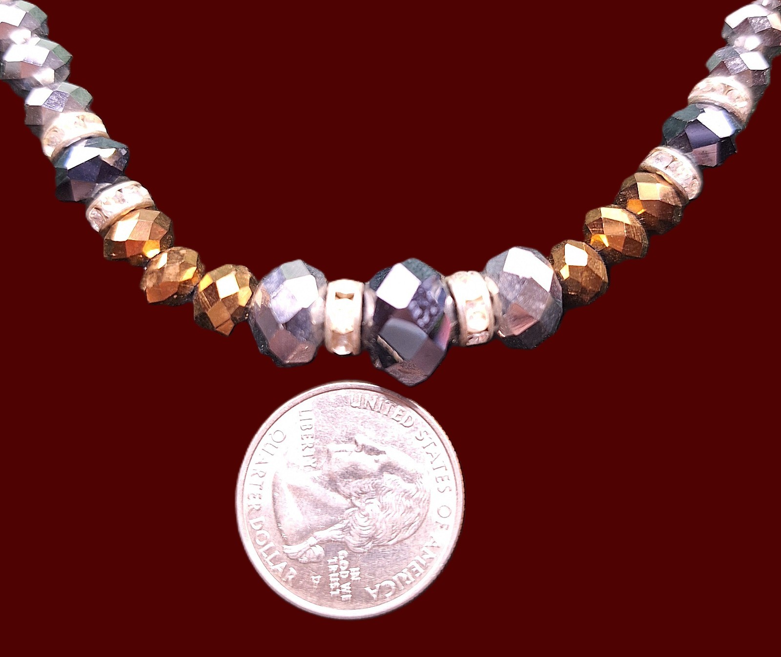 Vtg Gold Silver Black Faceted Glass Beads & Crystal Accents 21″ Choker Necklace